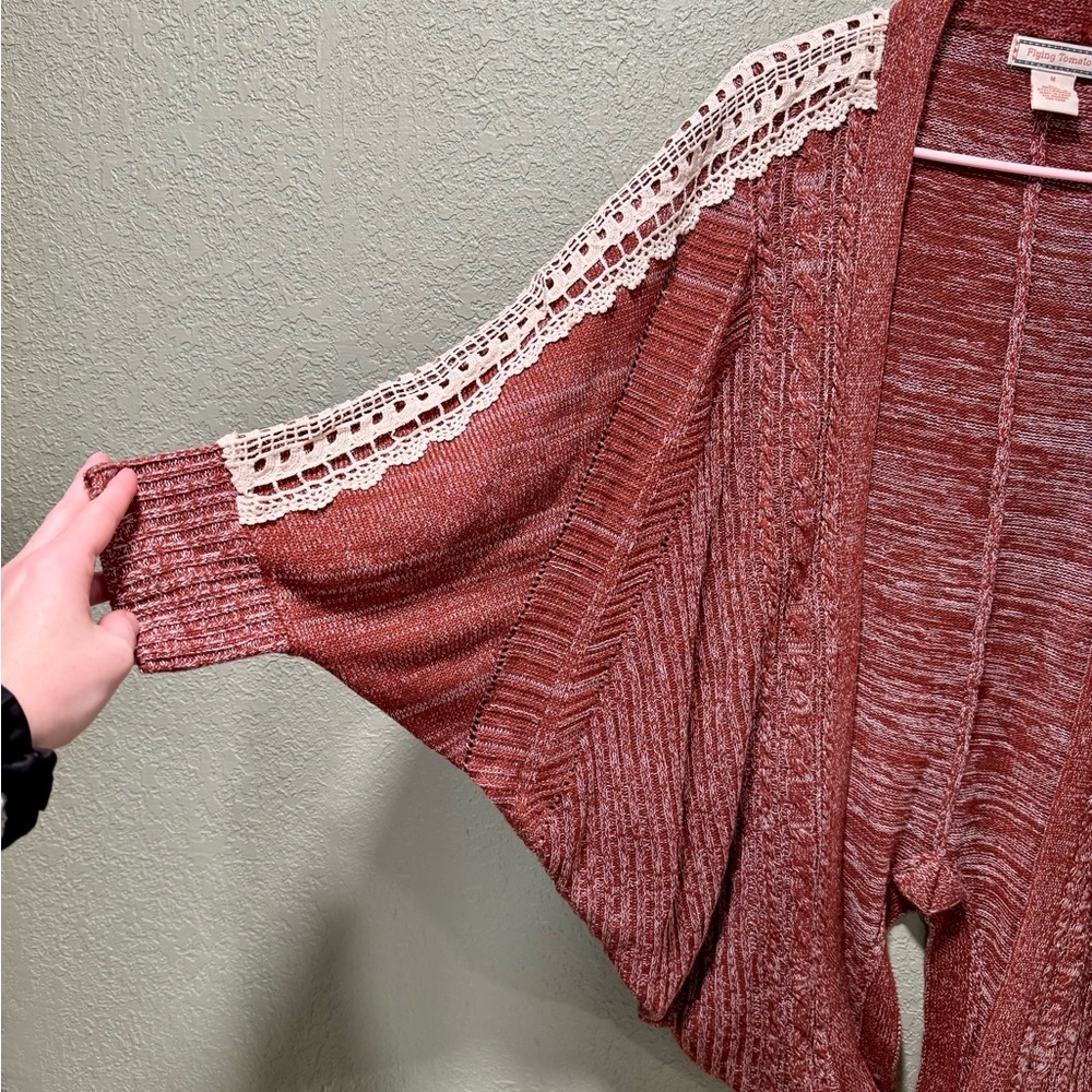 Flying Tomato Rust Cardigan with Cream Lace Accents - Picture 2 of 6